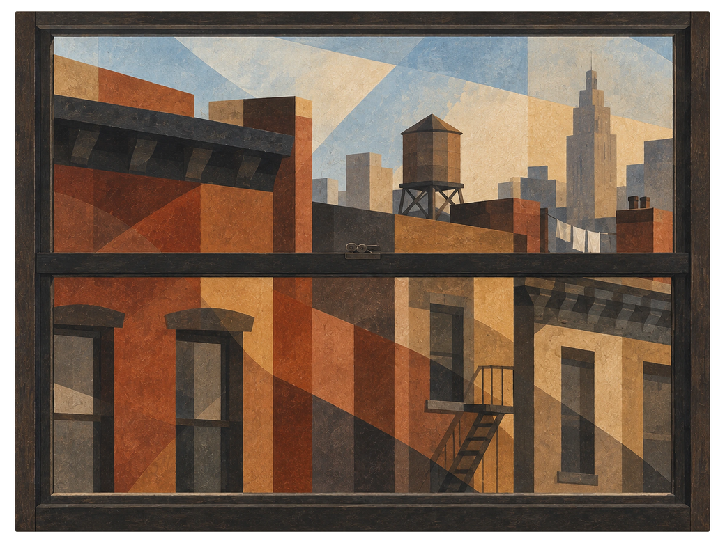 View through a dark window frame onto brick rooftops, fire escapes and wooden water towers, skyline behind, shown as the object on gallery canvas, no frame
