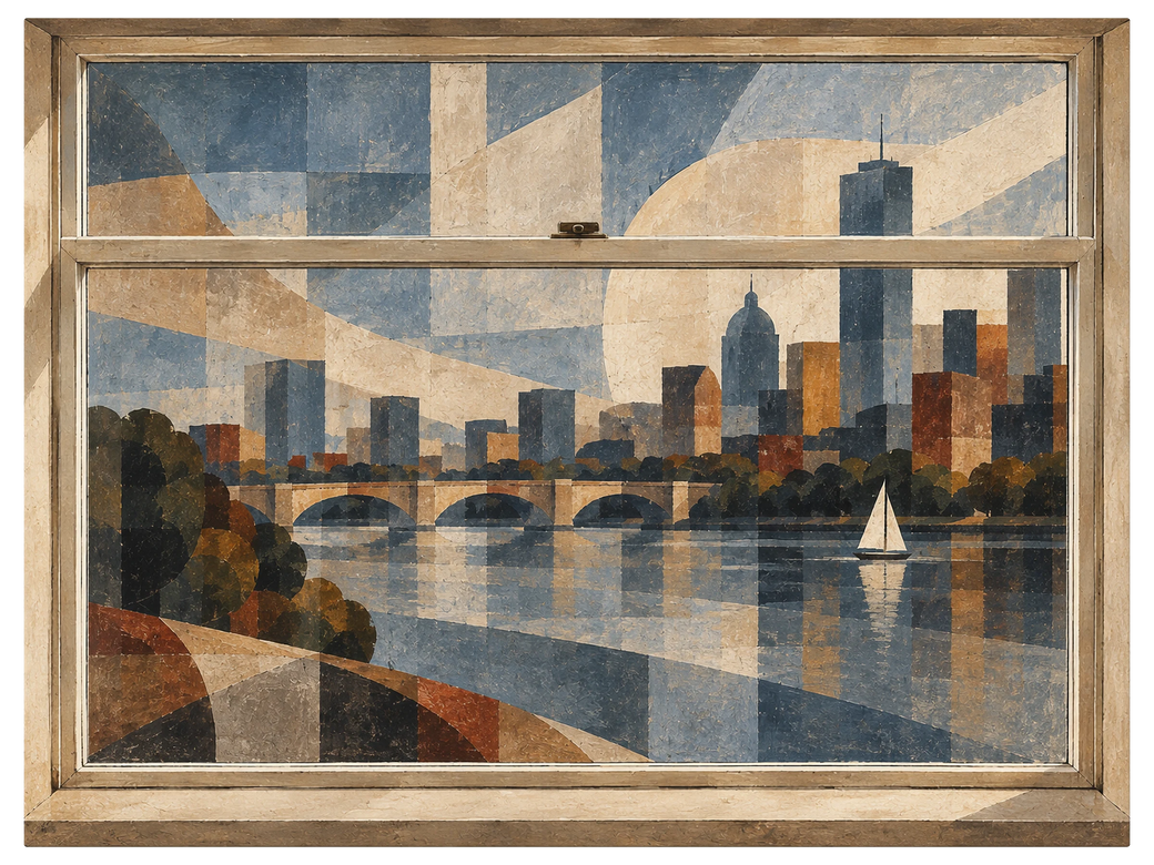 River seen through a raised white sash window, low arched bridge, single white sailboat, city skyline beyond, shown as the object on gallery canvas, no frame