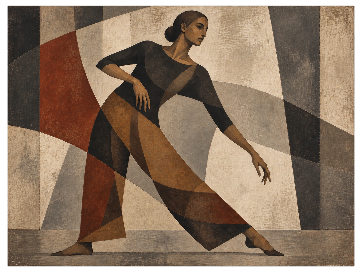 Dancer mid stride with one arm reaching back, long dress cut into faceted planes of clay, rust and slate, shown as the object on gallery canvas, no frame