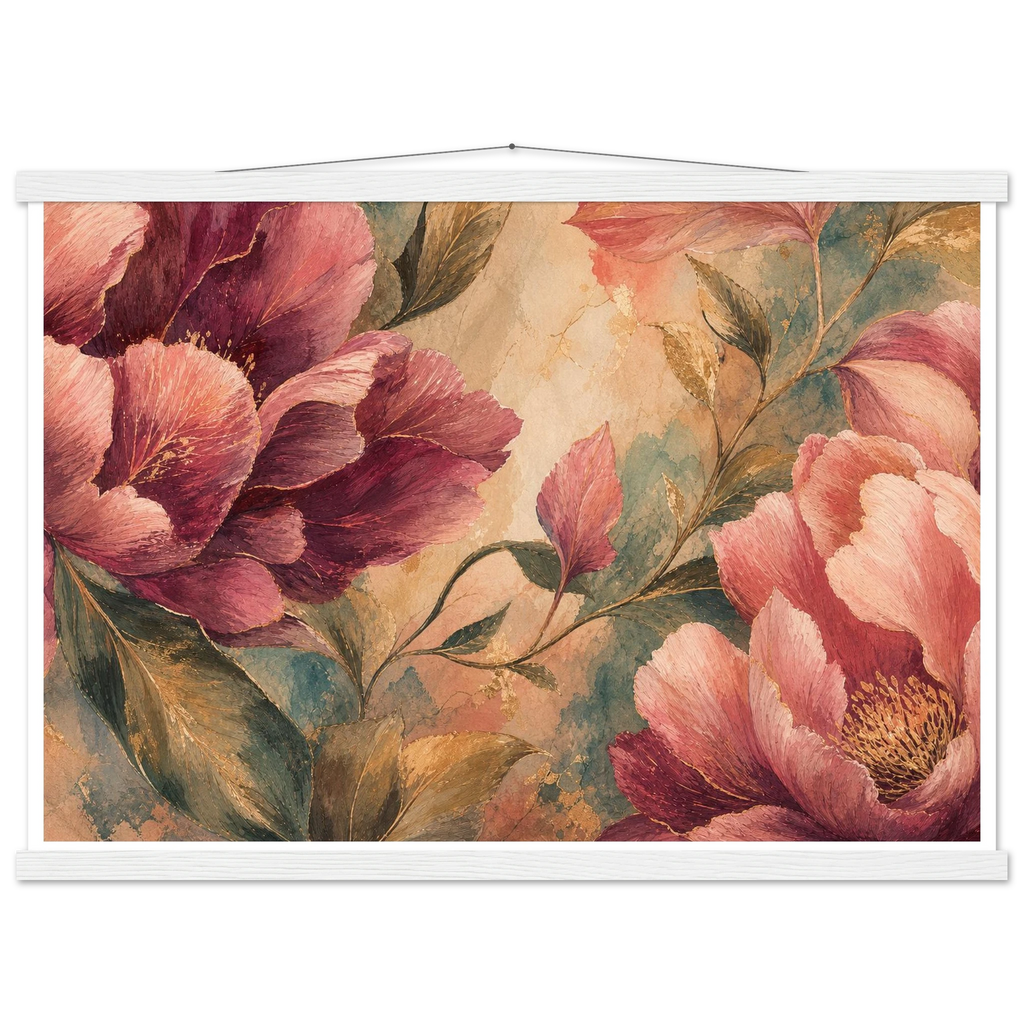 Crimson Peonies, flowers and botanical. Archival fine art poster shown framed.