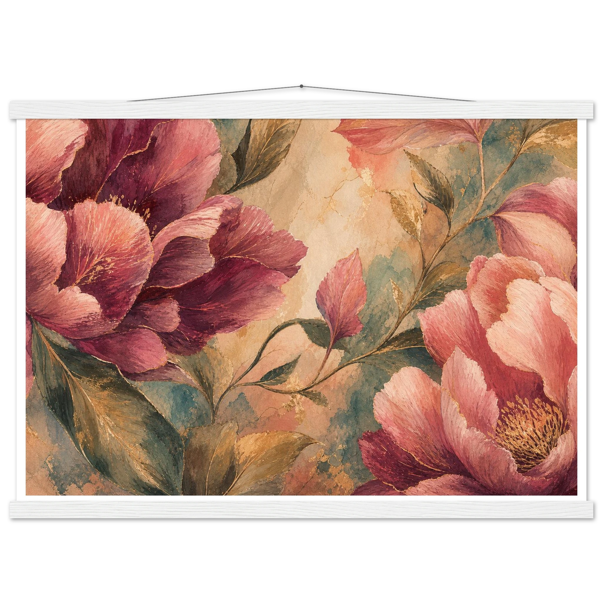 Crimson Peonies, flowers and botanical. Archival fine art poster shown framed.