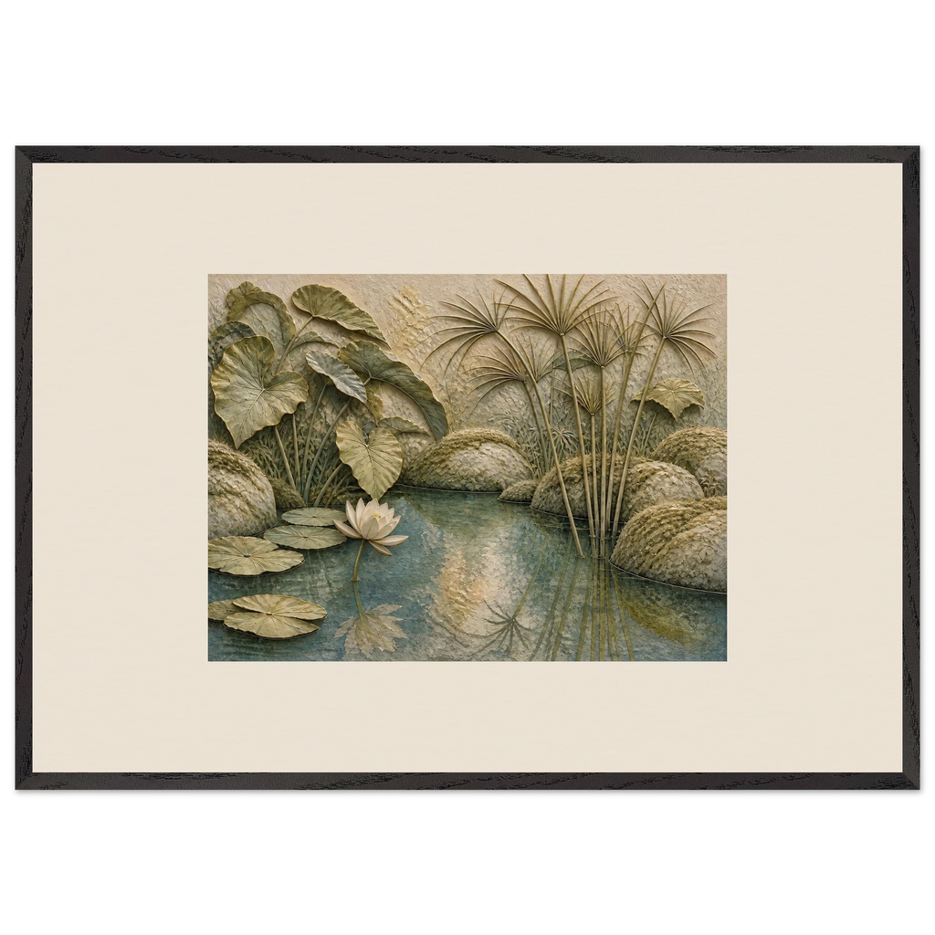 Papyrus Pond: lake, papyrus and serene greens. Framed fine art print, alternate frame and size.