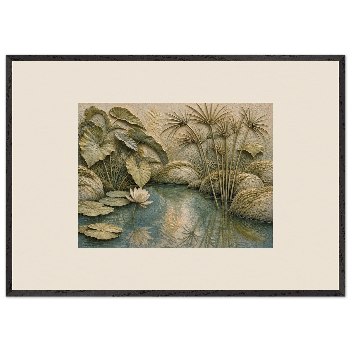 Papyrus Pond: lake, papyrus and serene greens. Framed fine art print, alternate frame and size.