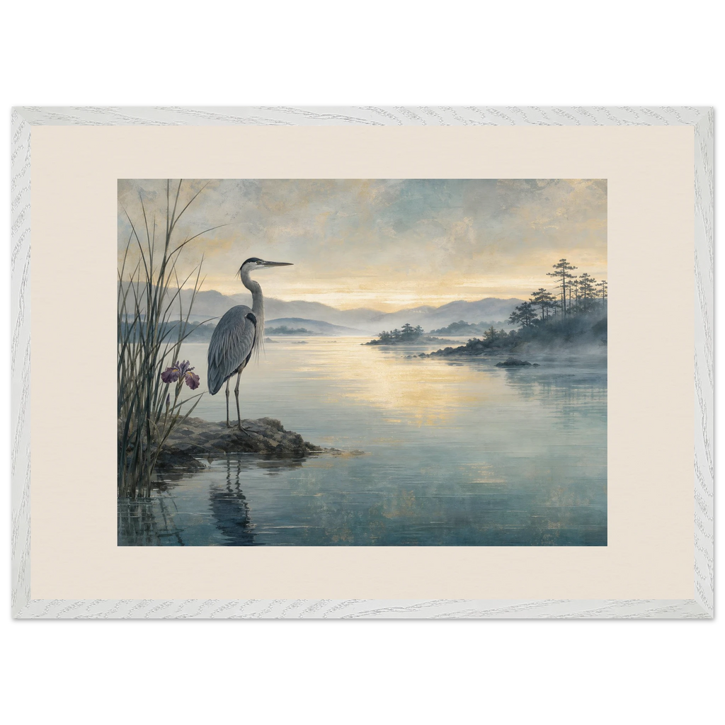 Heron at Dawn: japanese art and japandi. Framed fine art print by The Light Stays.