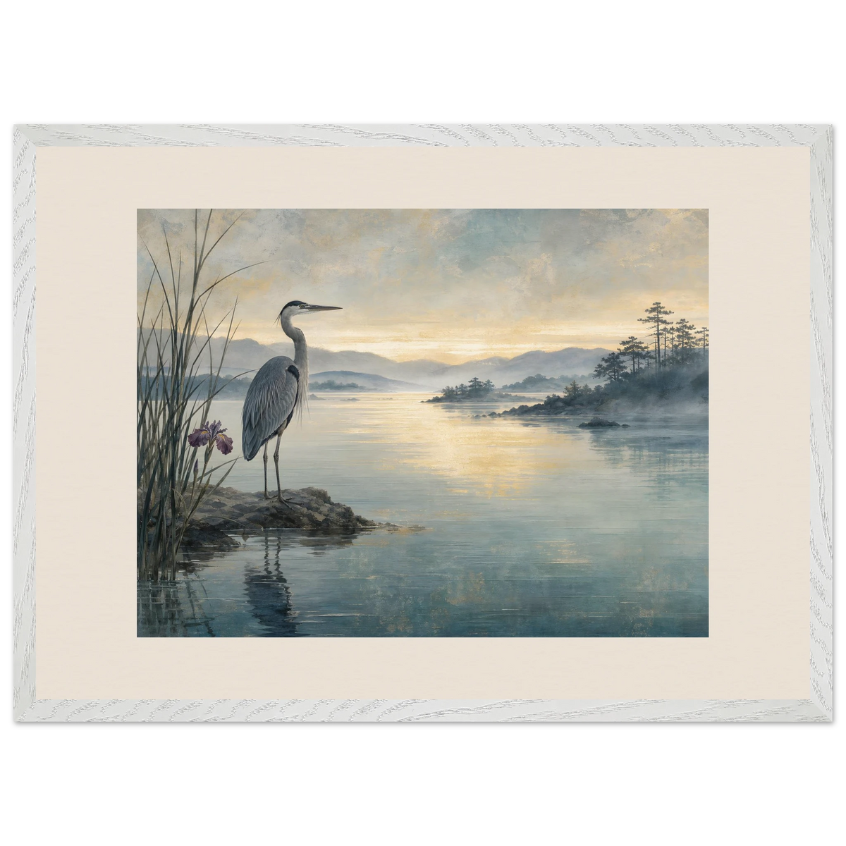 Heron at Dawn: japanese art and japandi. Framed fine art print by The Light Stays.