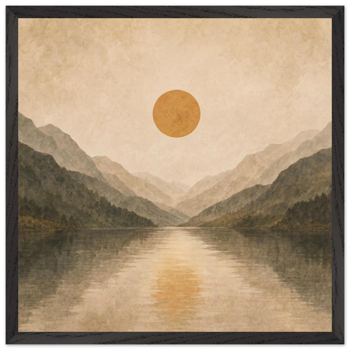 Lake Mirror: mountains, sunset and sun reflection. Framed fine art print by The Light Stays.