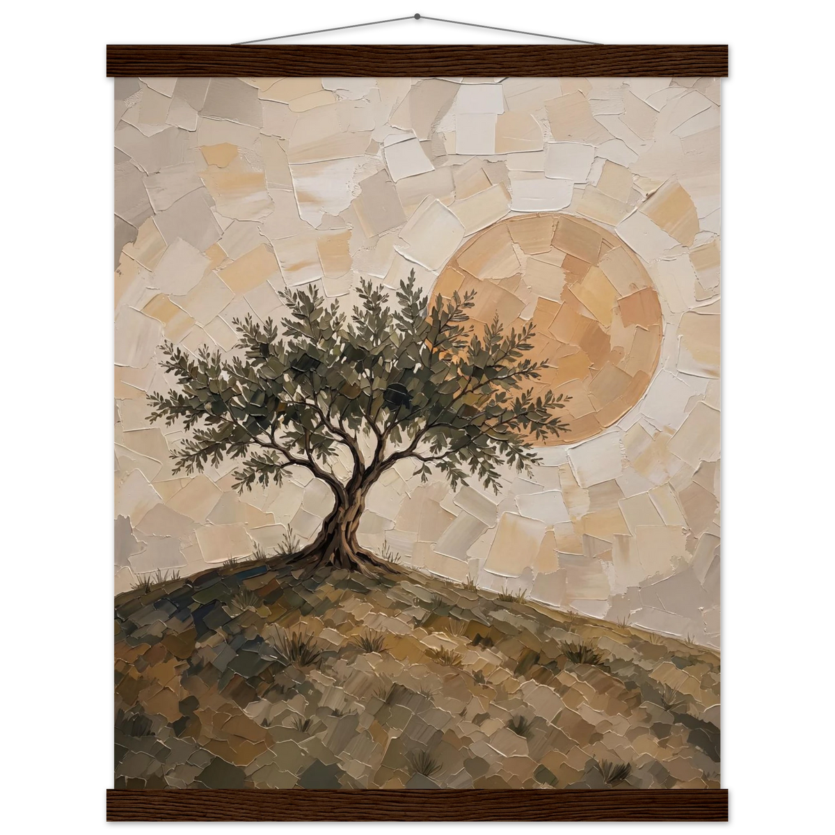 Olive Noon: hills, botanical and golden tones. Fine art poster with wooden hanger by The Light Stays.