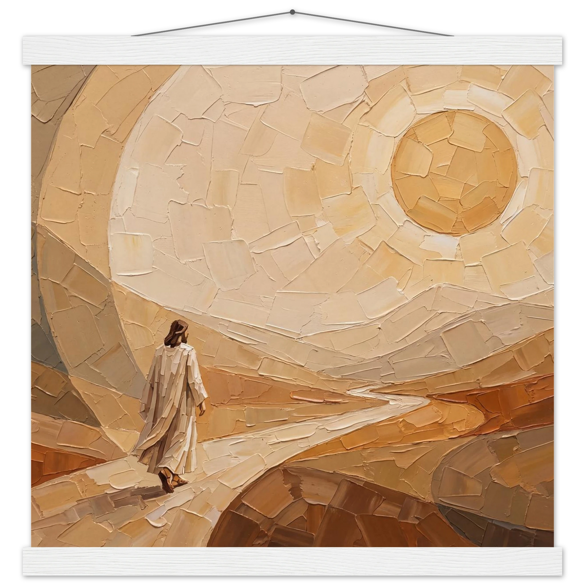 Lightfall: jesus, landscape and golden tones. Fine art poster with wooden hanger by The Light Stays.