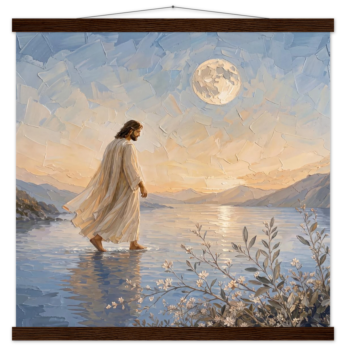 Upon the Waters: jesus, moon and night. Fine art poster with wooden hanger by The Light Stays.