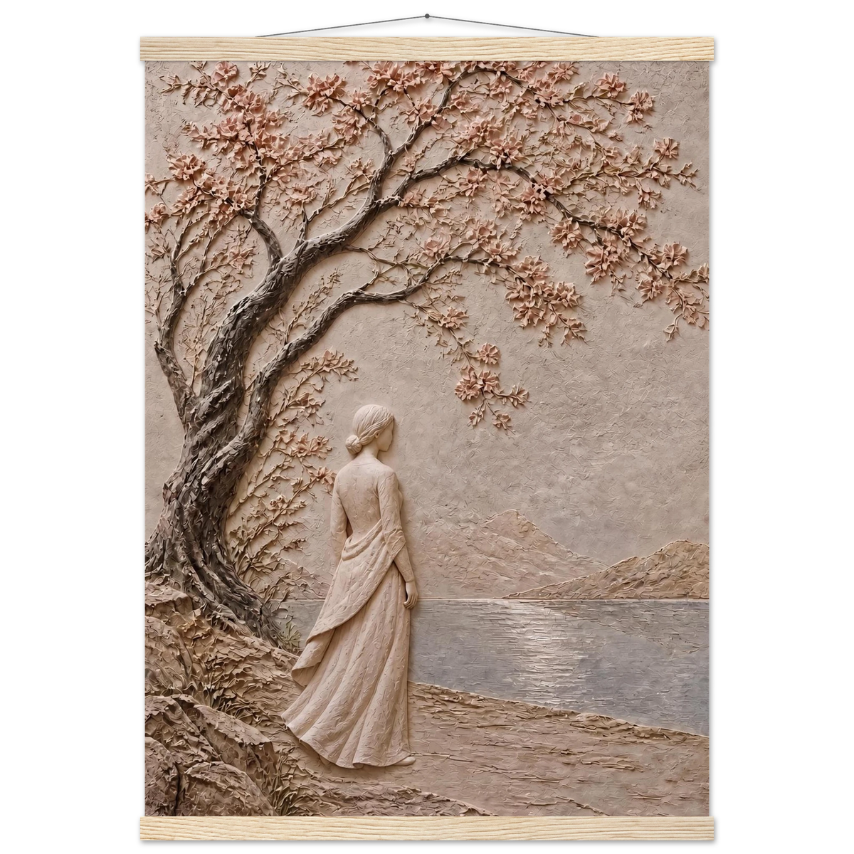 Spring Walk: impasto, lake and blossoming tree. Fine art poster, alternate frame and size.