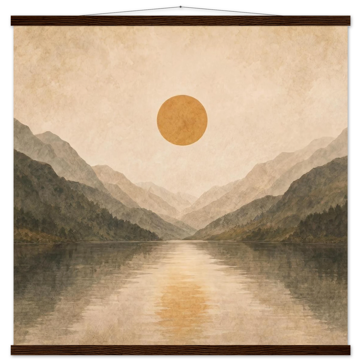 Lake Mirror: mountains, sunset and sun reflection. Fine art poster with wooden hanger by The Light Stays.