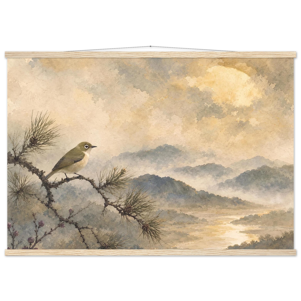 Golden Moon Bird: japanese art and japandi. Museum-quality fine art poster.