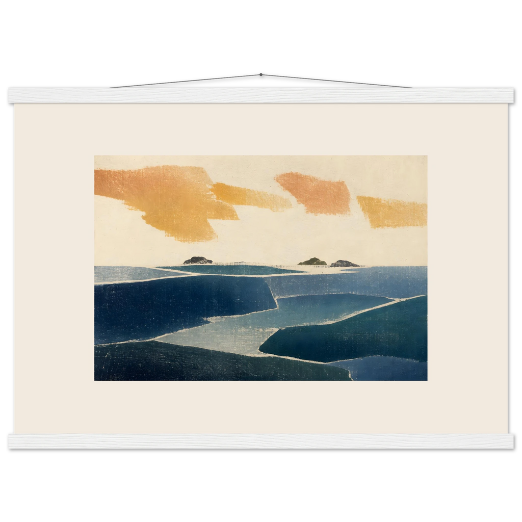 Amber and Indigo: abstract, coastline and color field. Museum-quality fine art poster.