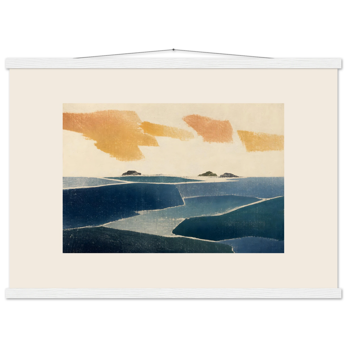 Amber and Indigo: abstract, coastline and color field. Museum-quality fine art poster.