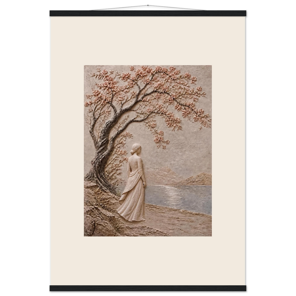Spring Walk, impasto, lake and blossoming tree. Archival fine art poster shown framed.