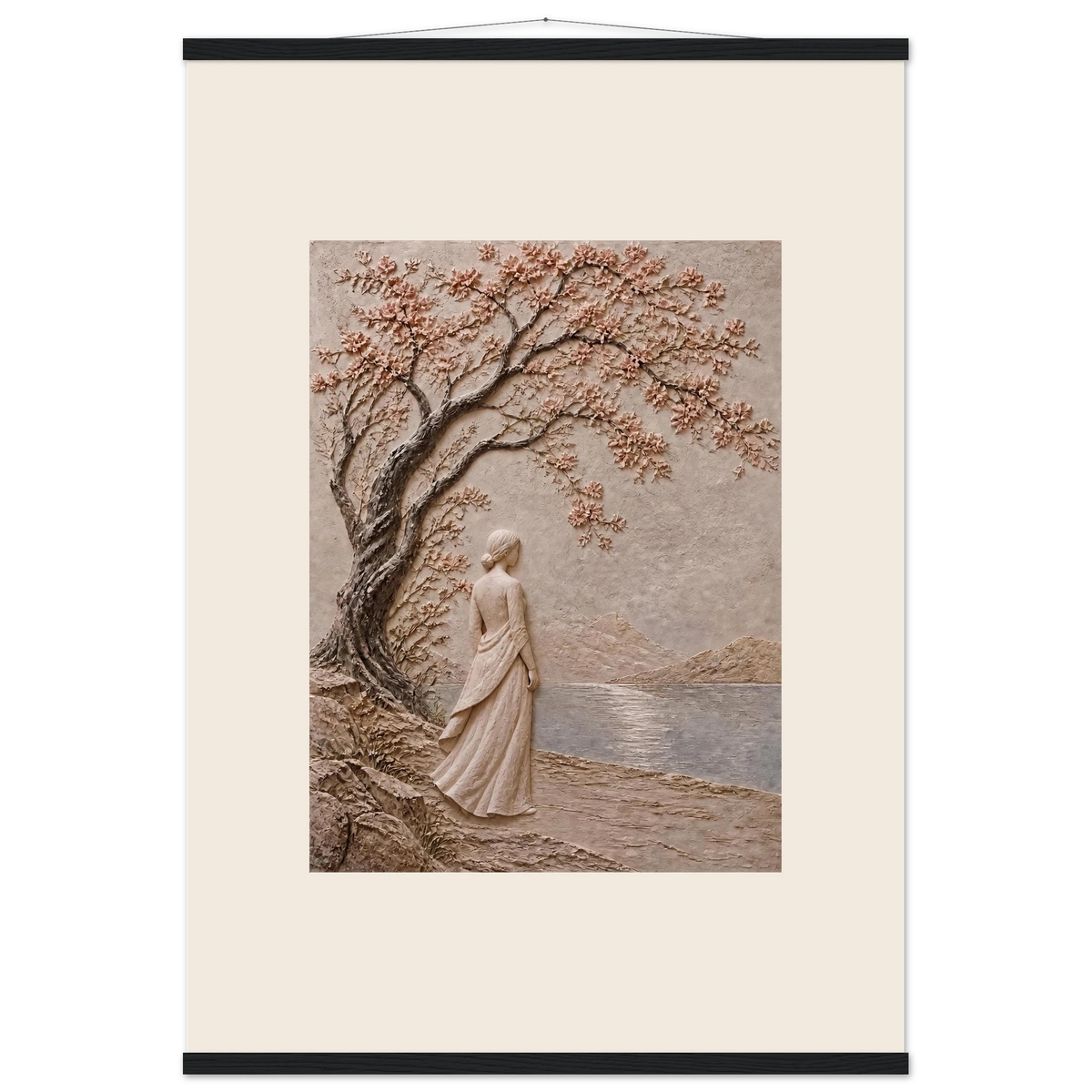 Spring Walk, impasto, lake and blossoming tree. Archival fine art poster shown framed.