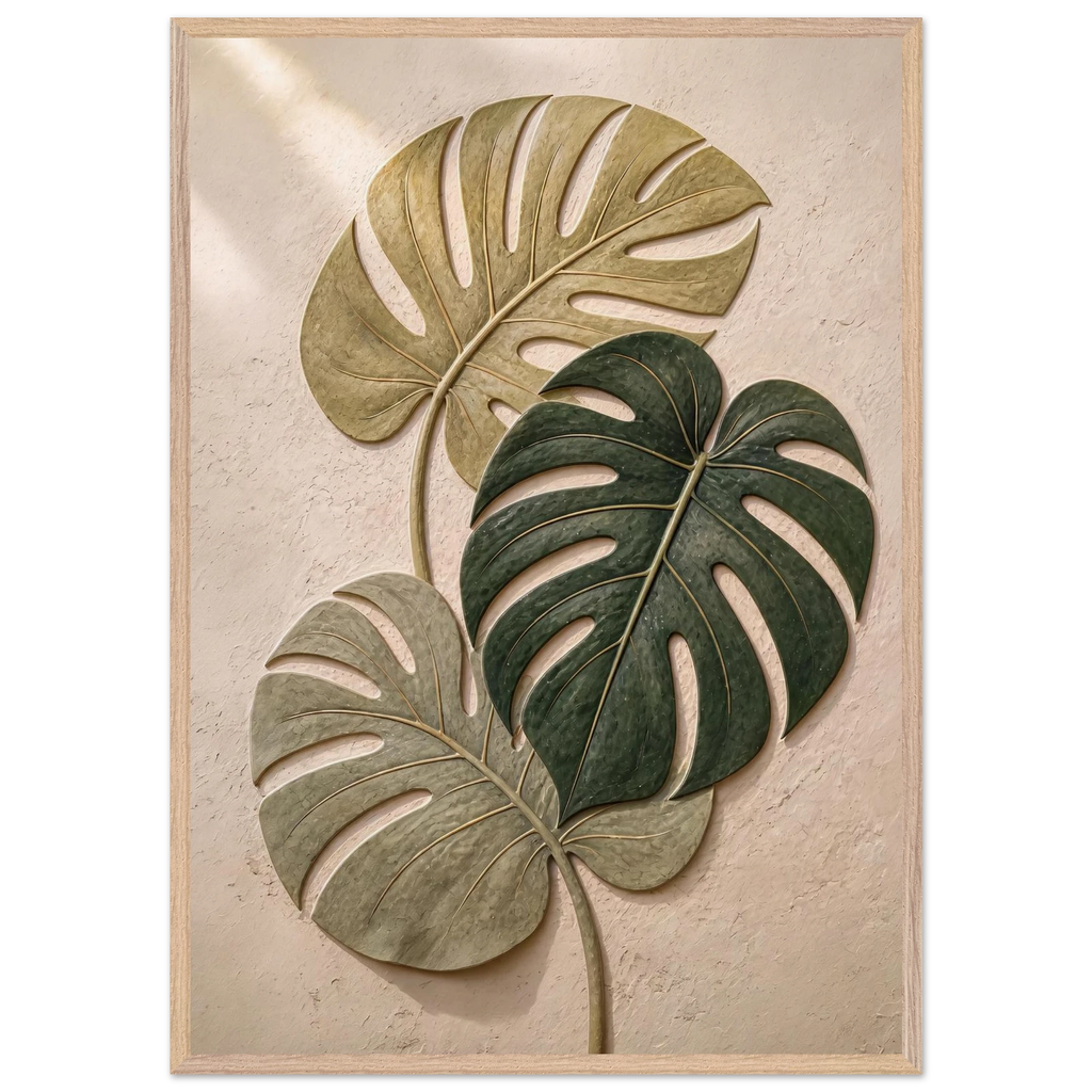 Stone Monstera: botanical and nature. Framed fine art print, alternate frame and size.
