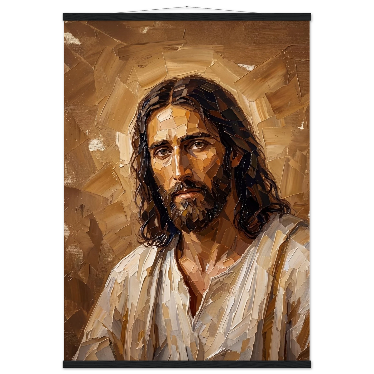 Kind Eyes: jesus, faith and serene gaze. Fine art poster with wooden hanger by The Light Stays.