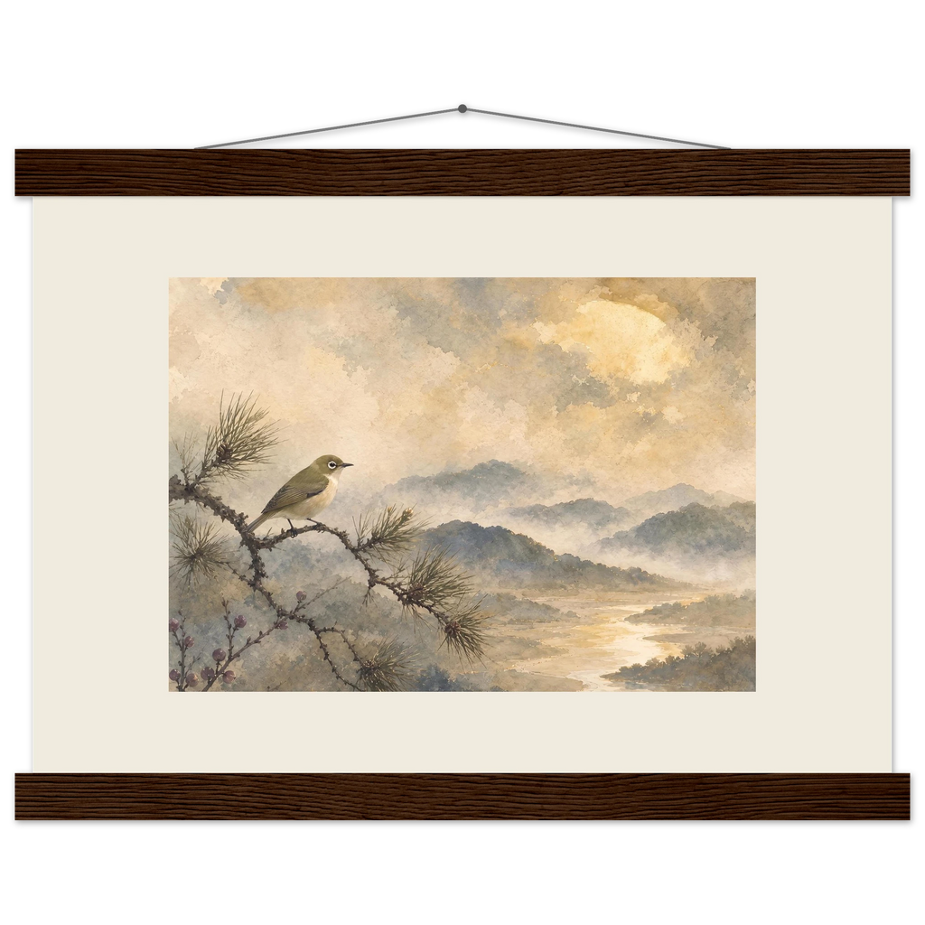 Golden Moon Bird: japanese art and japandi. Fine art poster, alternate frame and size.