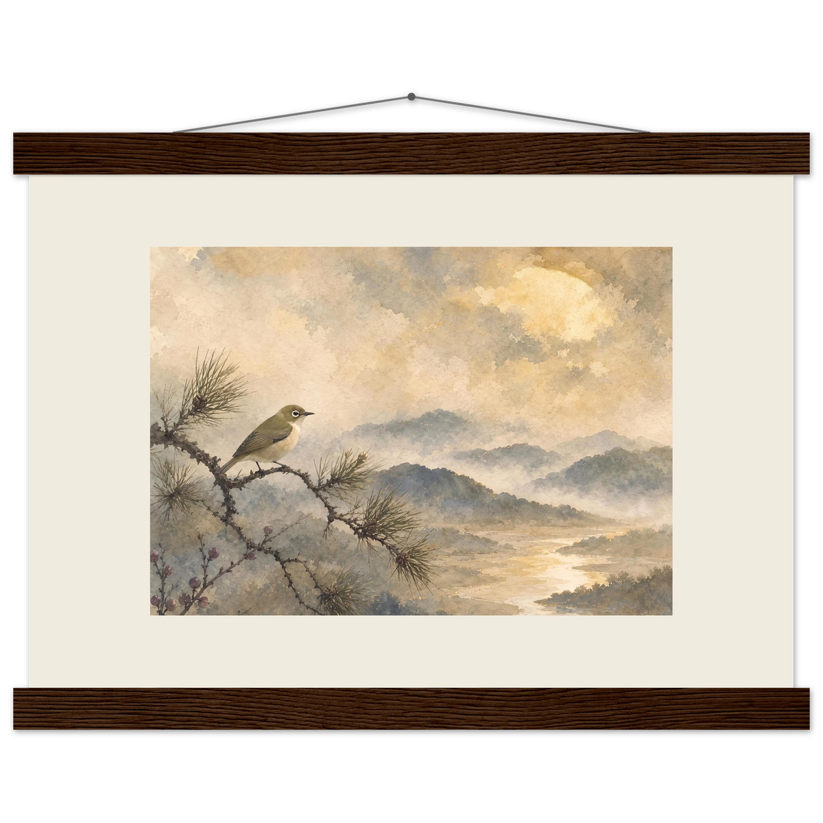 Golden Moon Bird: japanese art and japandi. Fine art poster, alternate frame and size.