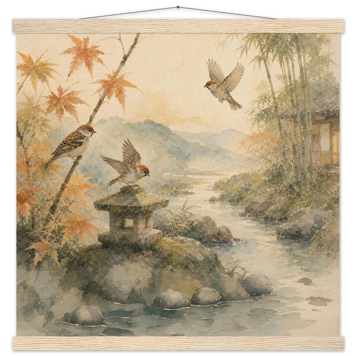 Three Birds Morning: birds, japanese landscape and japandi. Fine art poster with wooden hanger by The Light Stays.