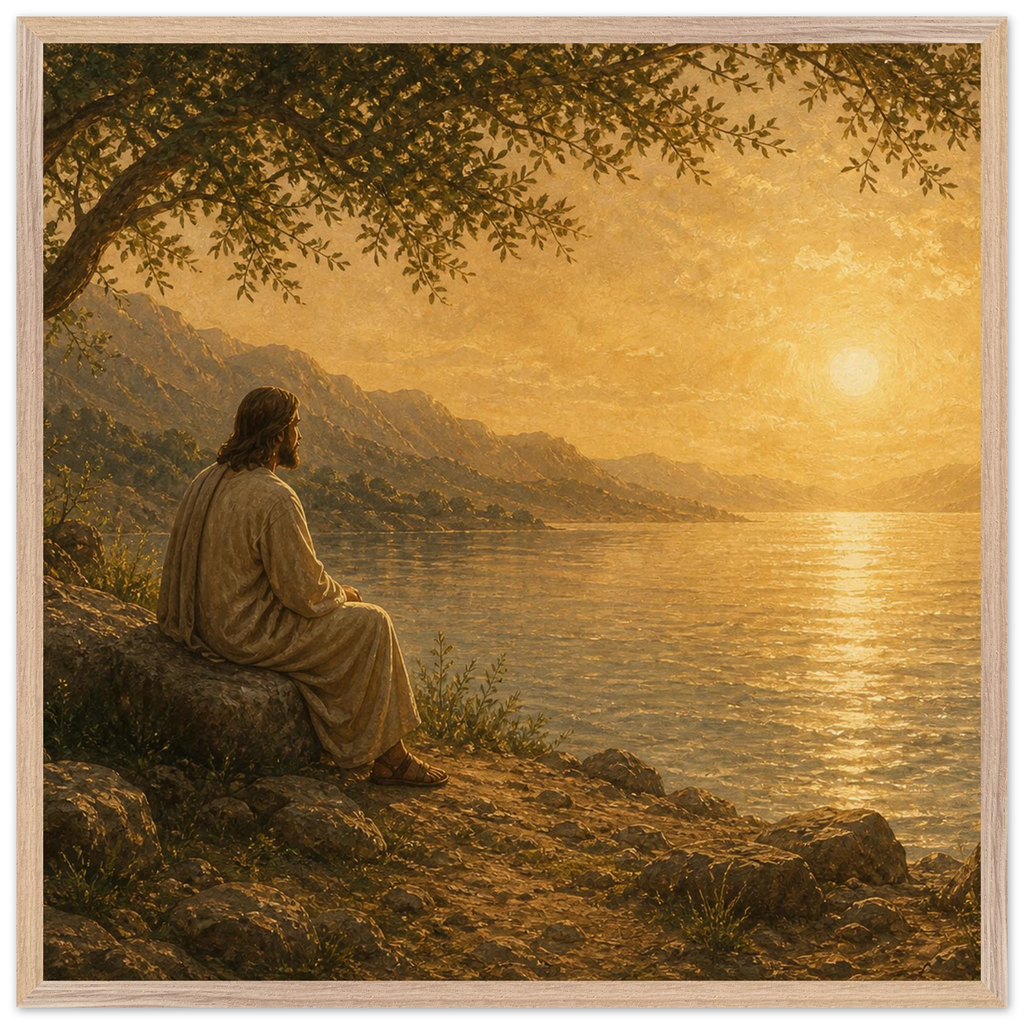 Quadro cristão Bênção do Lago, Jesus sob uma oliveira diante de um lago dourado