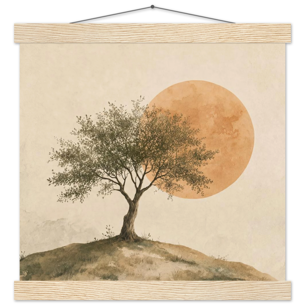 Pôster Olive Noon com suporte de madeira, oliveira diante de grande sol âmbar