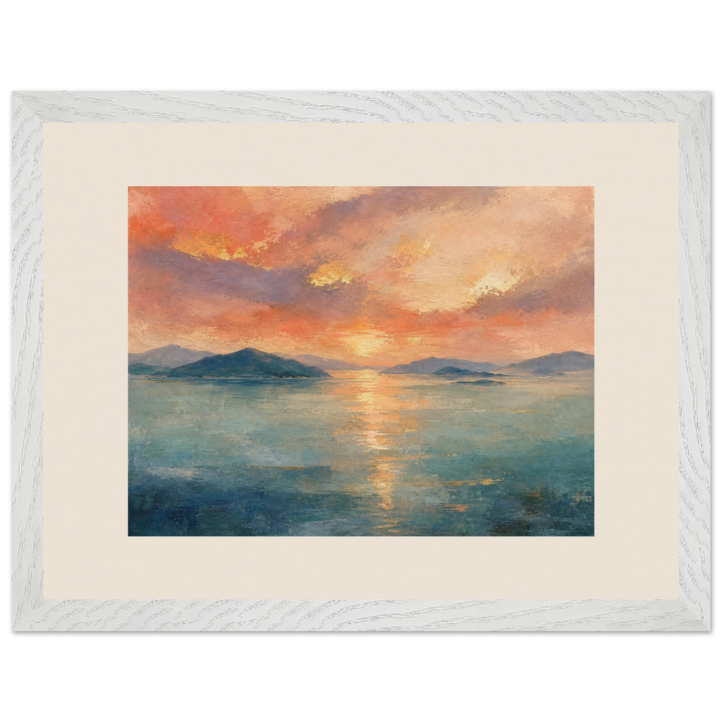 Setouchi Peach Dawn: riviera and japandi. Framed fine art print by The Light Stays.