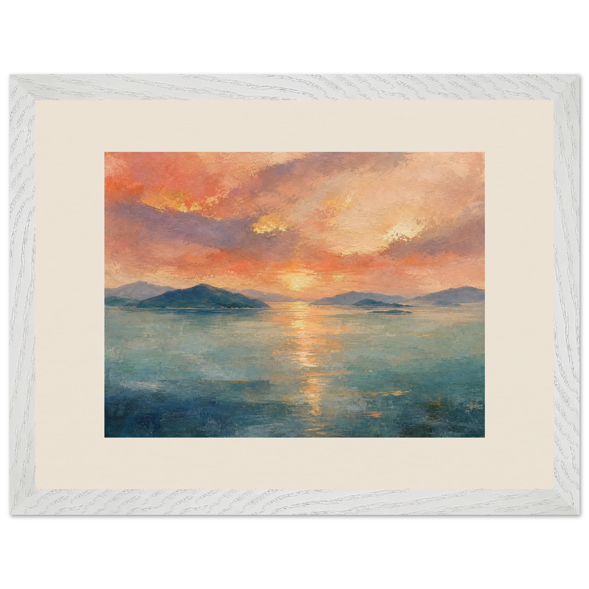 Setouchi Peach Dawn: riviera and japandi. Framed fine art print by The Light Stays.