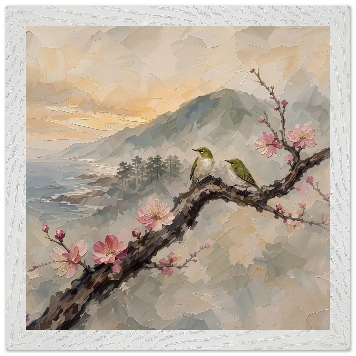 Plum Branch Pair: birds, japanese landscape and japandi. Framed fine art print by The Light Stays.