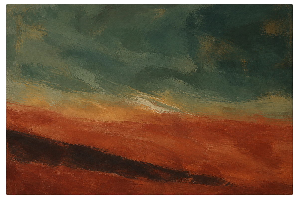 Wide band of saturated red earth under a heavy green and ochre sky, no detail, soft painterly bands, shown as the object on gallery canvas, no frame