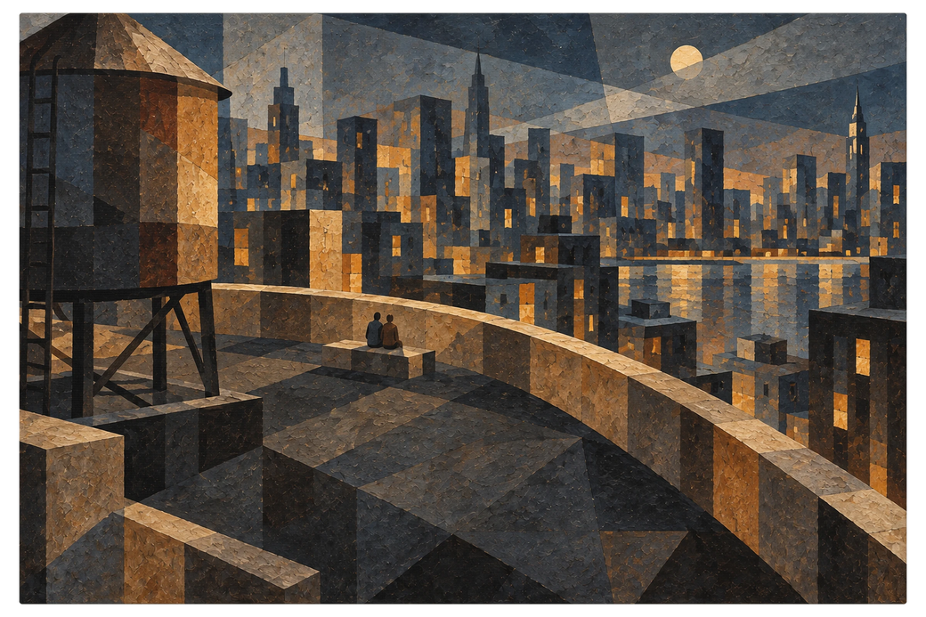Two small figures seated on a dark rooftop at night, lit city skyline ahead, wooden water tower behind them, shown as the object on gallery canvas, no frame