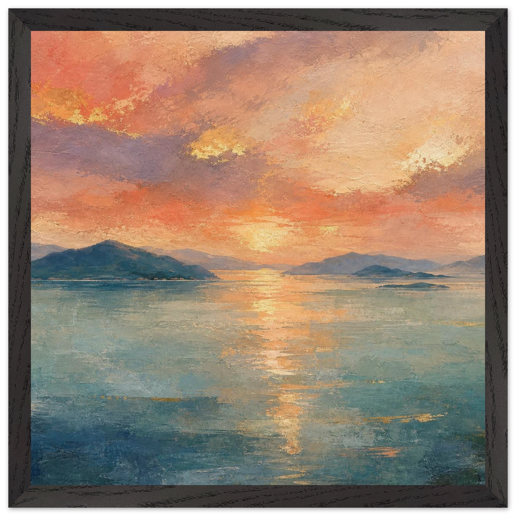 Setouchi Peach Dawn: riviera and japandi. Framed fine art print, alternate frame and size.
