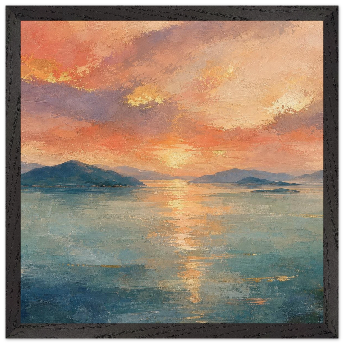 Setouchi Peach Dawn: riviera and japandi. Framed fine art print, alternate frame and size.