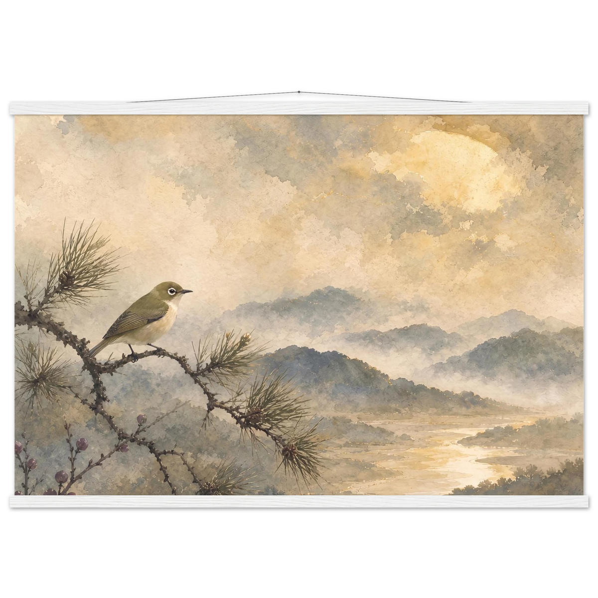 Golden Moon Bird: japanese art and japandi. Museum-quality fine art poster.