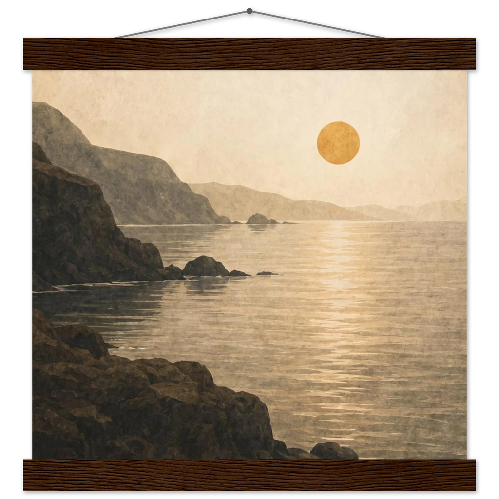 Pôster Amber Coast com suporte de madeira, pôr do sol em tons quentes sobre a costa