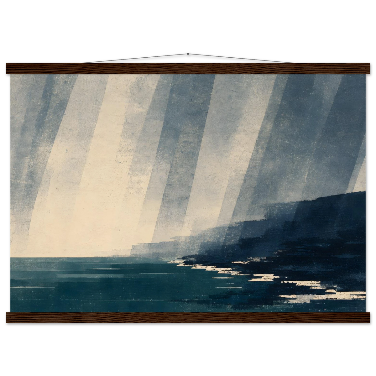 Rain Coast: japandi, teal blue and atmosphere. Fine art poster with wooden hanger by The Light Stays.