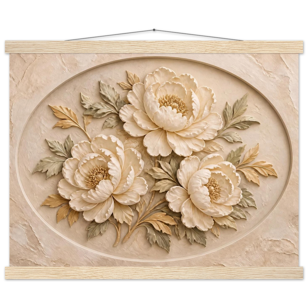 Peonies in Stone, flowers and botanical. Archival fine art poster shown framed.