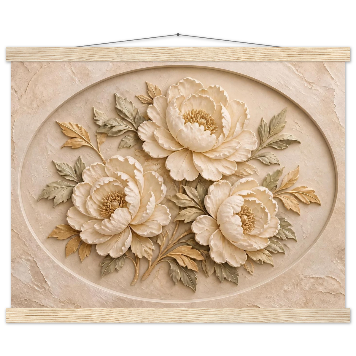 Peonies in Stone, flowers and botanical. Archival fine art poster shown framed.