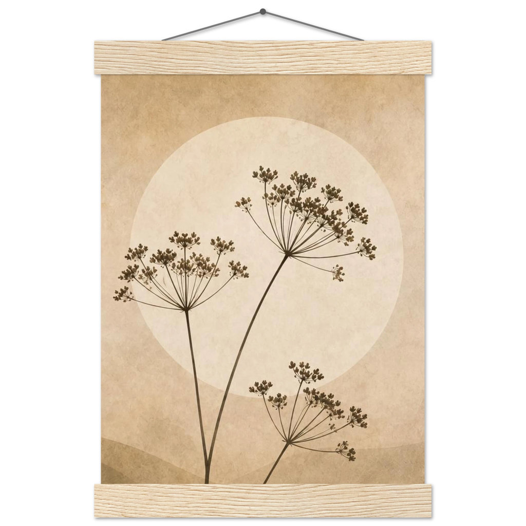 Pôster Wild Stems com suporte de madeira, hastes botânicas suaves em composição circular
