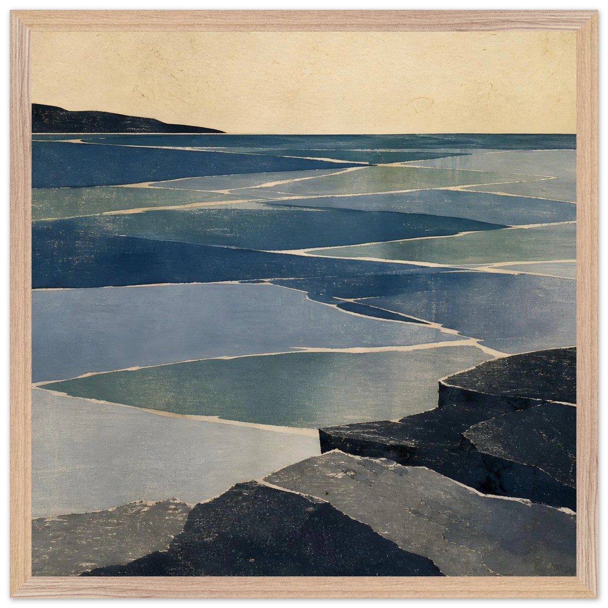 Indigo Tide: coastal landscape, jade water and japandi. Framed fine art print by The Light Stays.