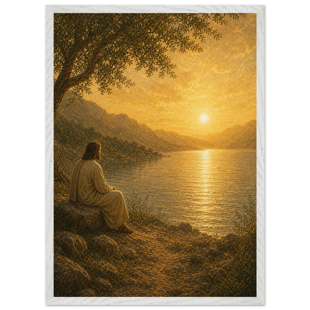 Quadro cristão Bênção do Lago, Jesus sob uma oliveira diante de um lago dourado