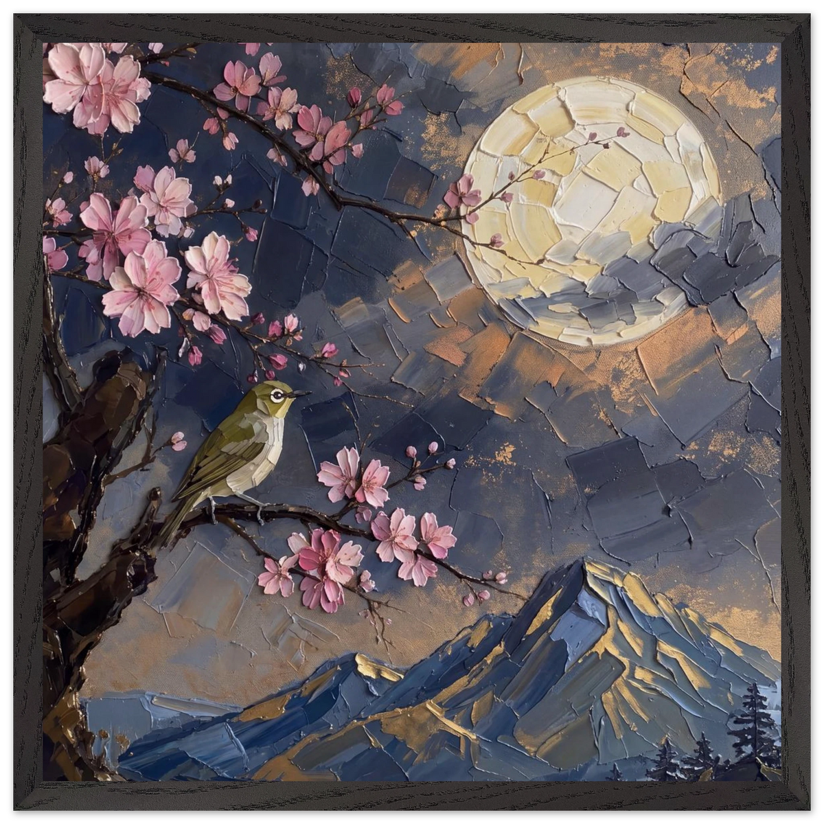 Blossom Moon: cherry blossom, japanese landscape and night. Framed fine art print by The Light Stays.