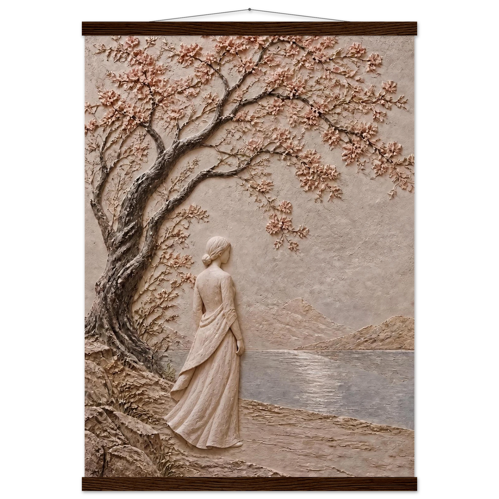 Spring Walk: impasto, lake and blossoming tree. Museum-quality fine art poster.