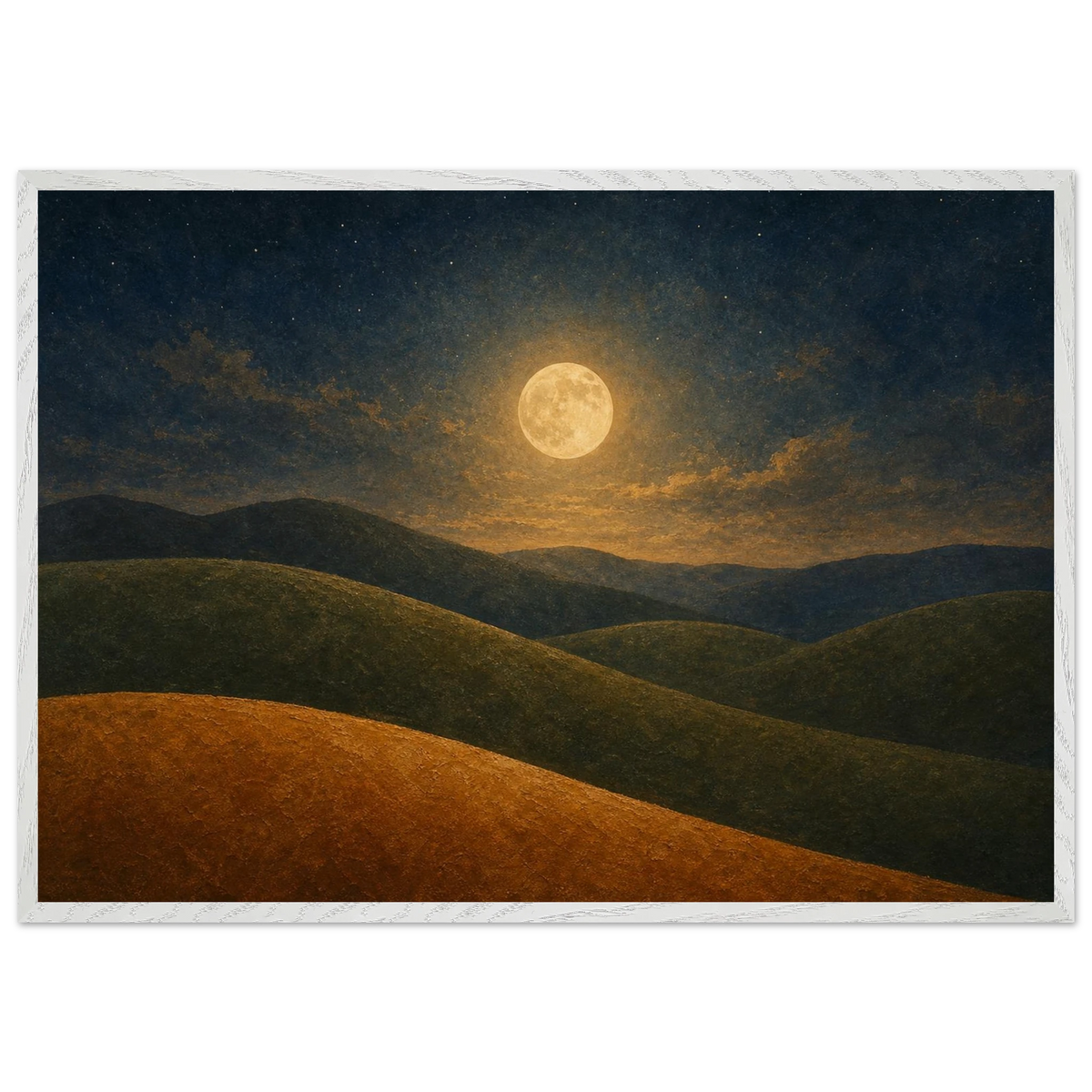 Moon Hills: night, minimalist landscape and charcoal. Framed fine art print by The Light Stays.