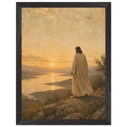 Pintura de Cristo diante de um lago dourado ao entardecer com montanhas suaves ao fundo, em quadro emoldurado