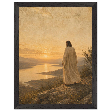 Pintura de Cristo diante de um lago dourado ao entardecer com montanhas suaves ao fundo, em quadro emoldurado