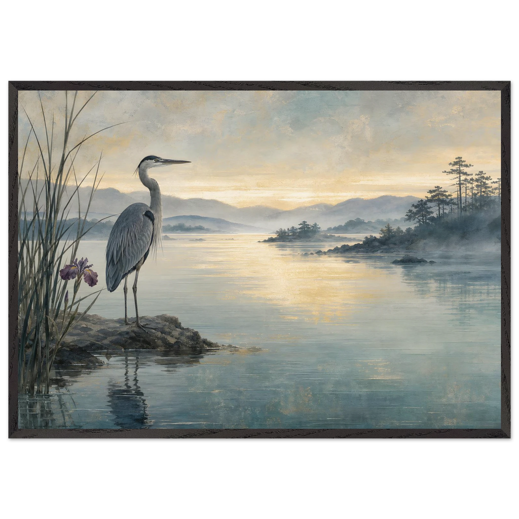 Heron at Dawn: japanese art and japandi. Framed fine art print by The Light Stays.