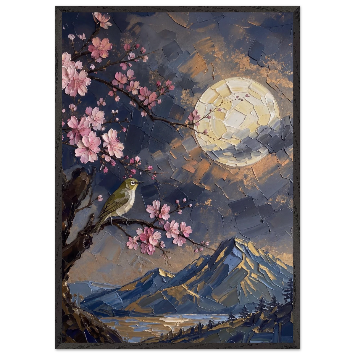 Blossom Moon: cherry blossom, japanese landscape and night. Framed fine art print by The Light Stays.