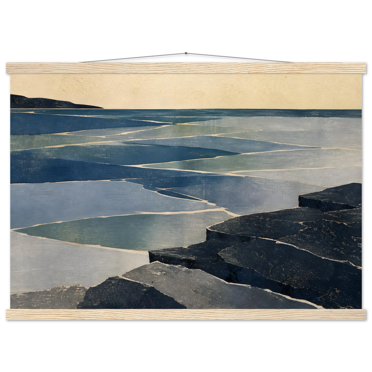 Indigo Tide: coastal landscape, jade water and japandi. Fine art poster with wooden hanger by The Light Stays.